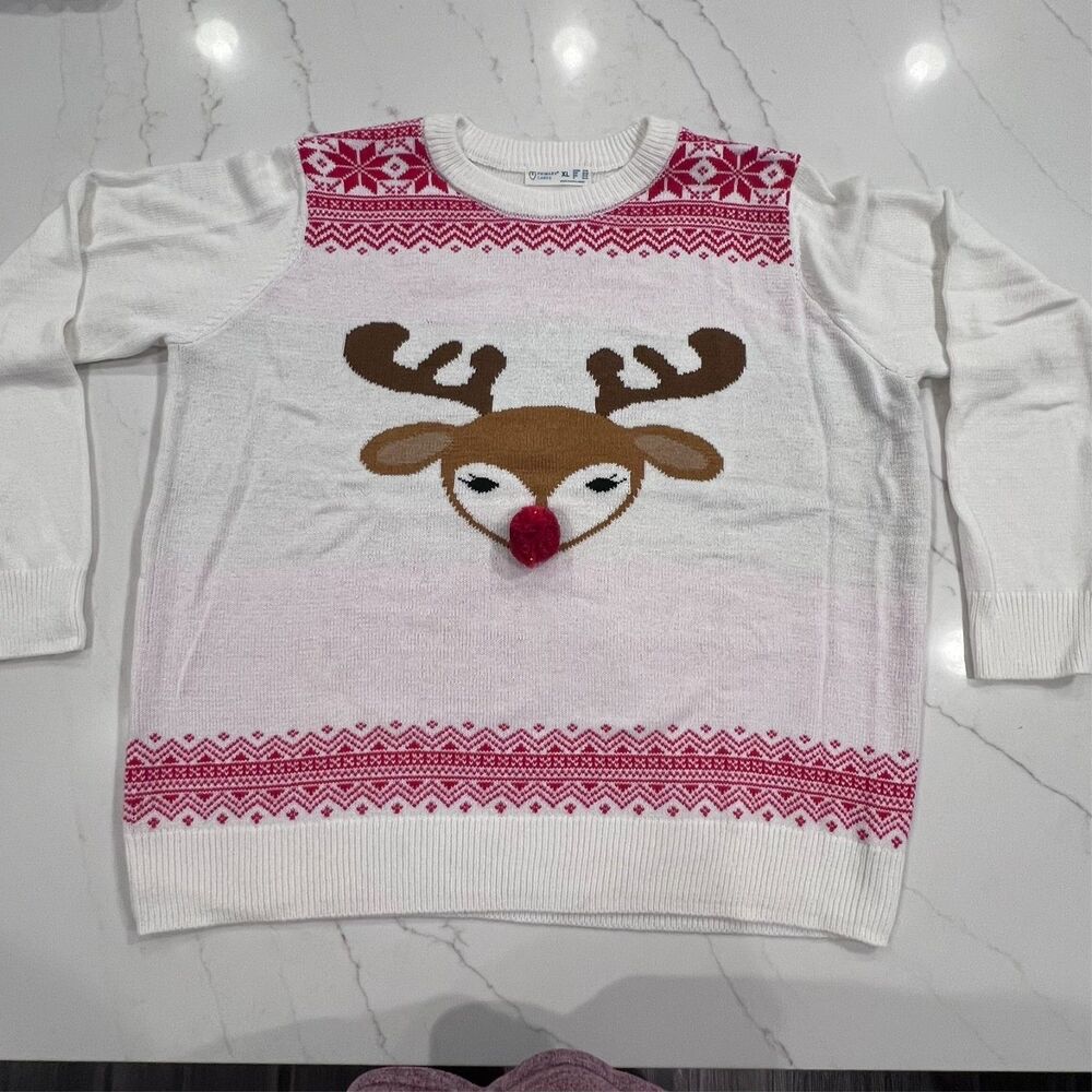 Rudolph Reindeer Ugly Christmas Sweater Pom Pom Nose White Red Womens XL Holiday